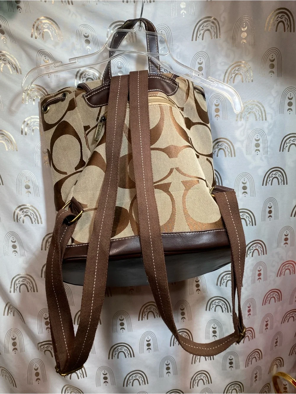 C Brown and Tan Signature Canvas Backpack